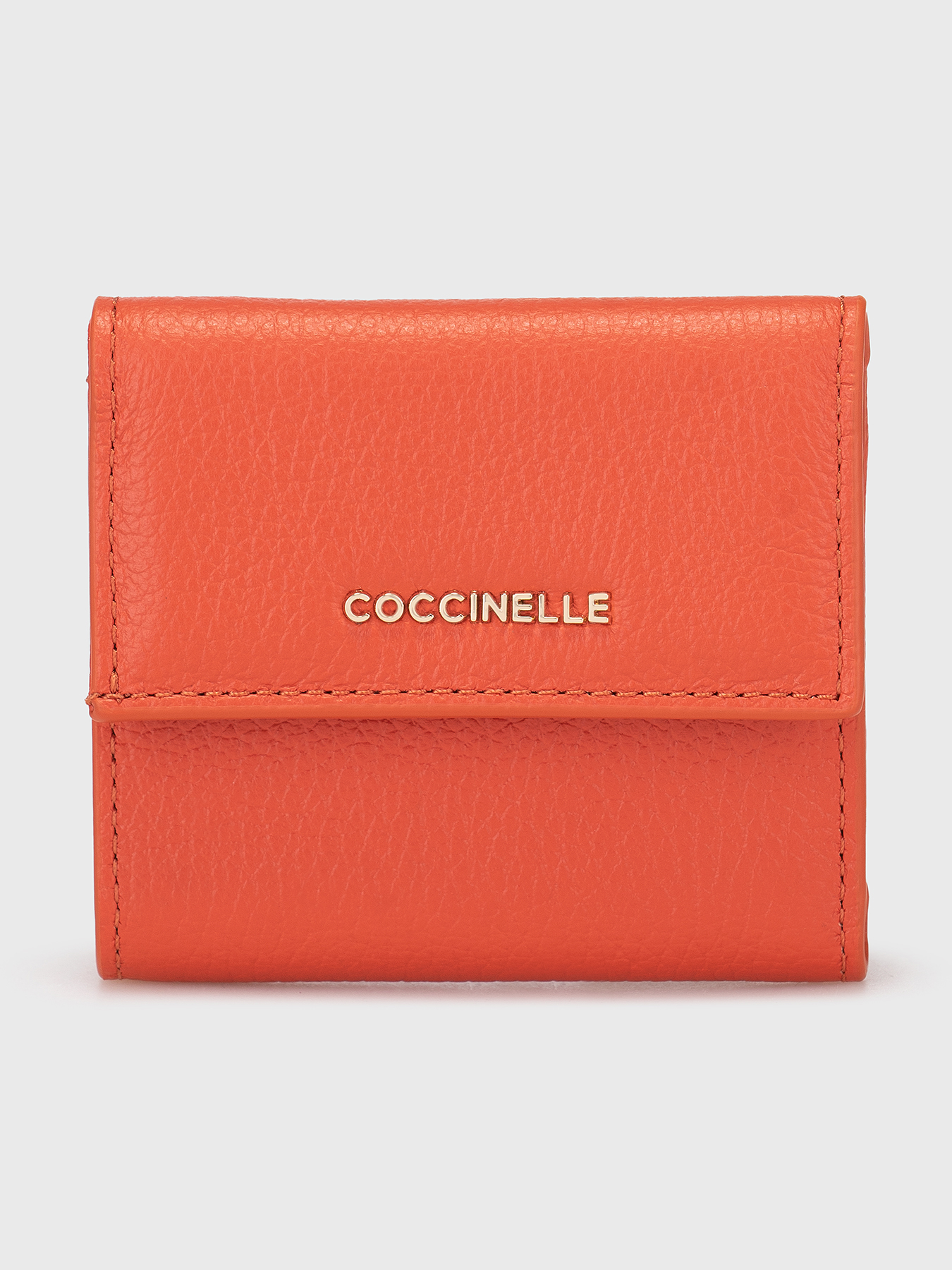 Leather wallet with gold logo in orange colour brand
