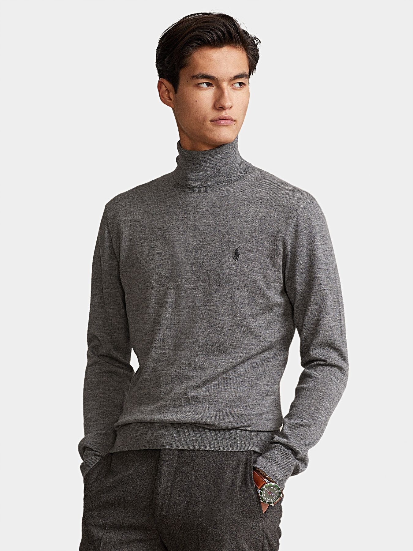 Gray wool turtleneck with embroidery logo brand POLO RALPH LAUREN
