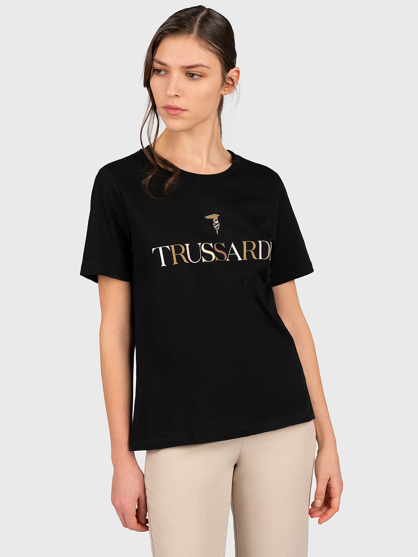 Black T-shirt with multicolor logo print brand TRUSSARDI