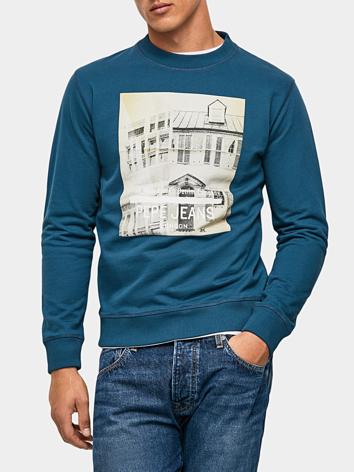 PERCIVAL blue sweatshirt with photo — Jeans print Pepe brand
