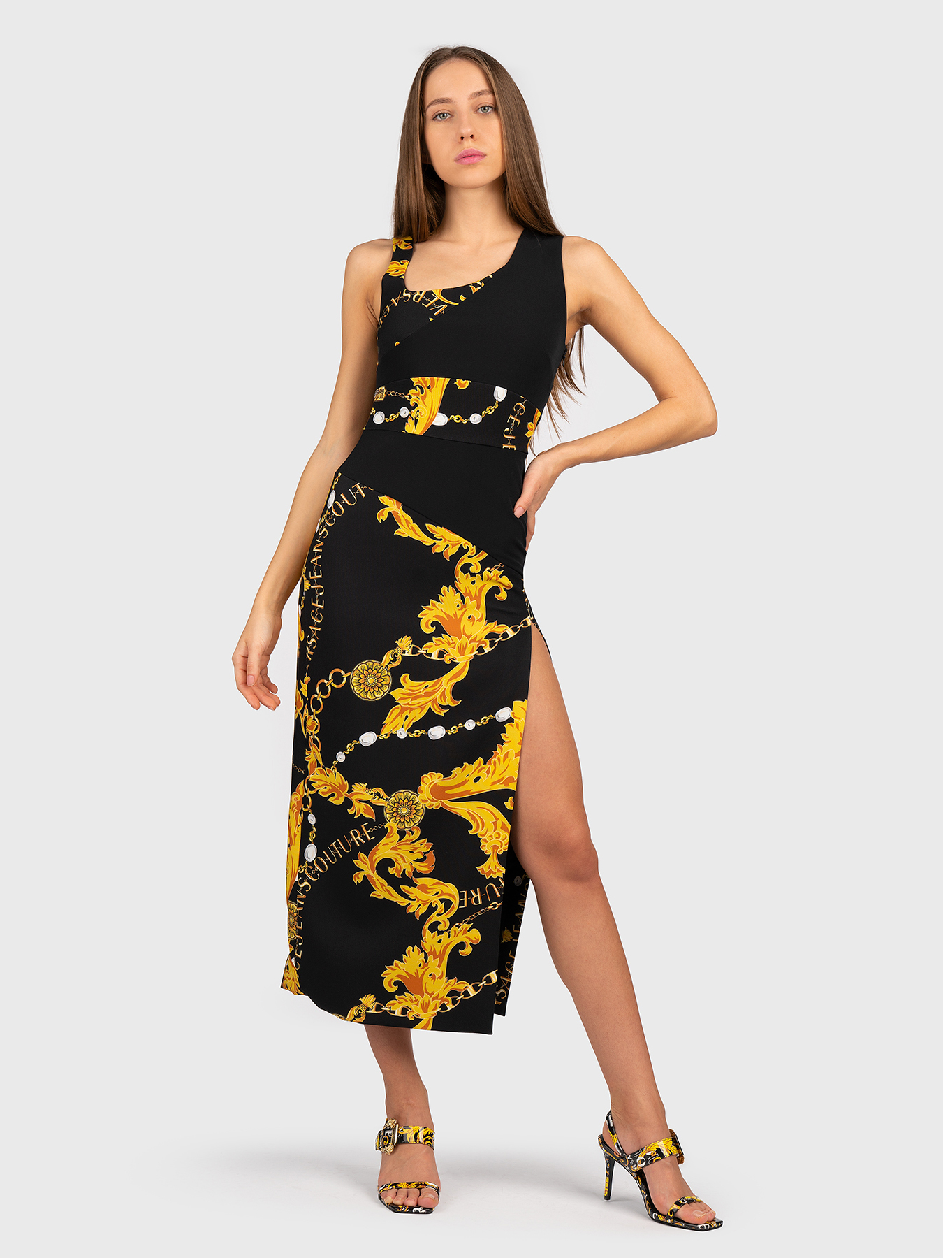 Dress with asymmetrical neckline and slit brand VERSACE
