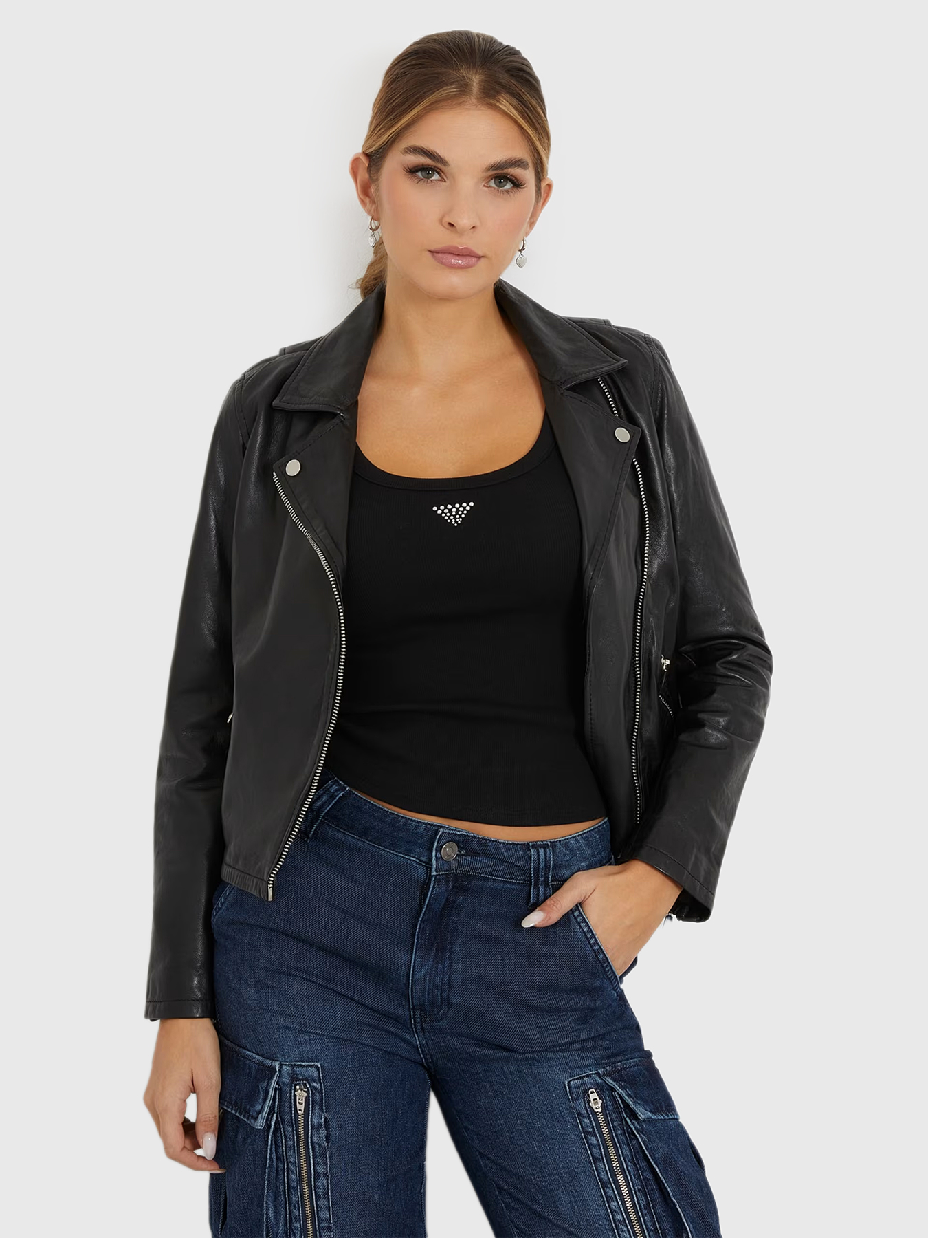 Leather biker jacket brand GUESS —