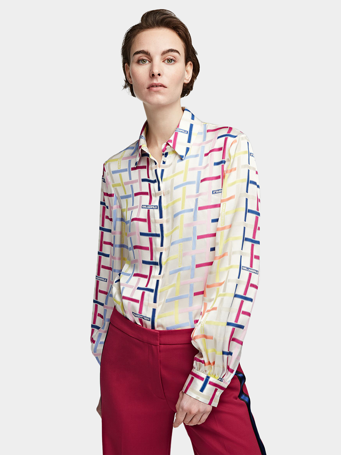 最終SALE★Karl Lagerfeld フリンジトリム ツイードロングJK Silk shirt with logo print brand Karl Lagerfeld