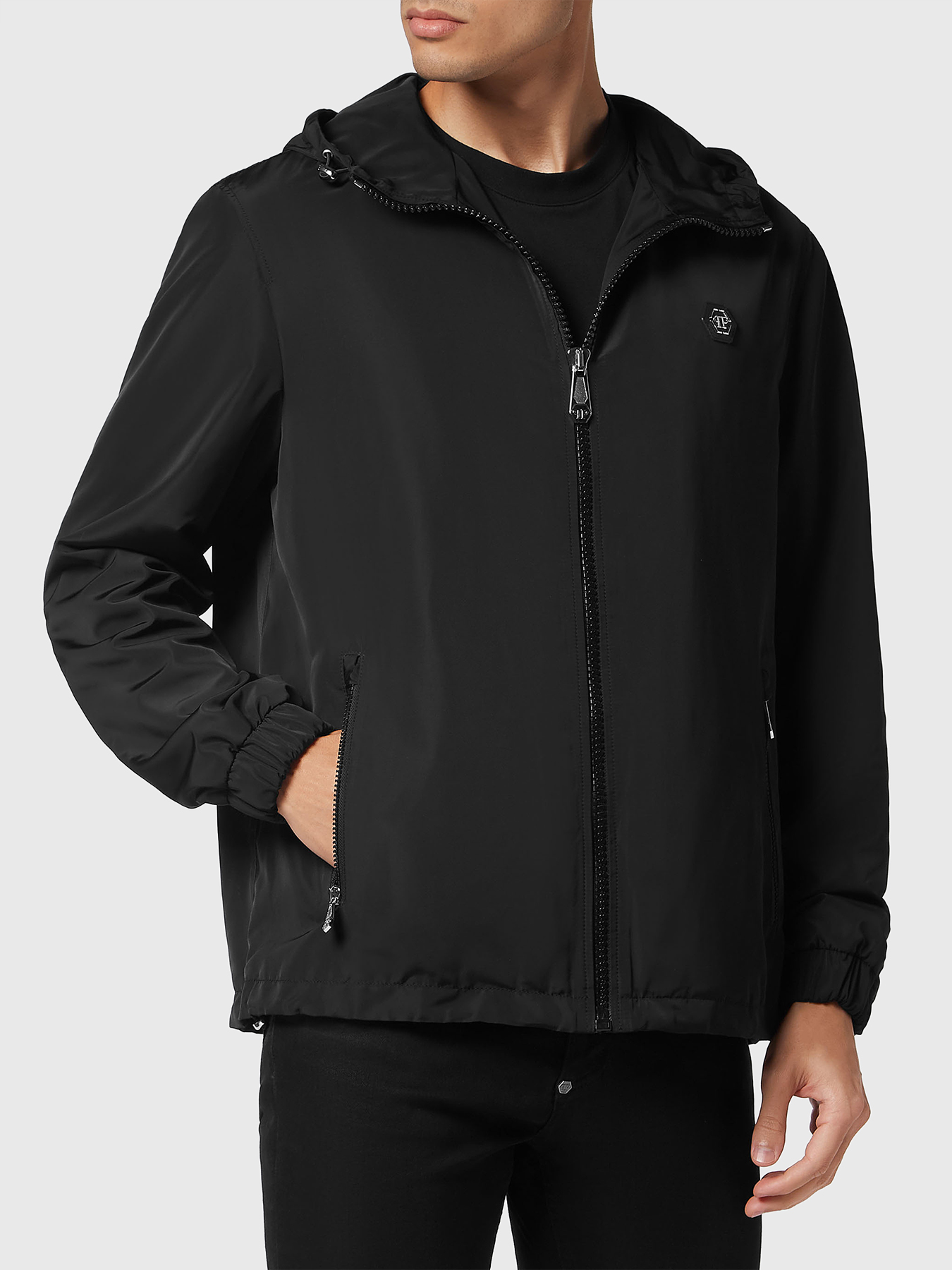 Black windbreaker jacket with hood brand PHILIPP PLEIN 